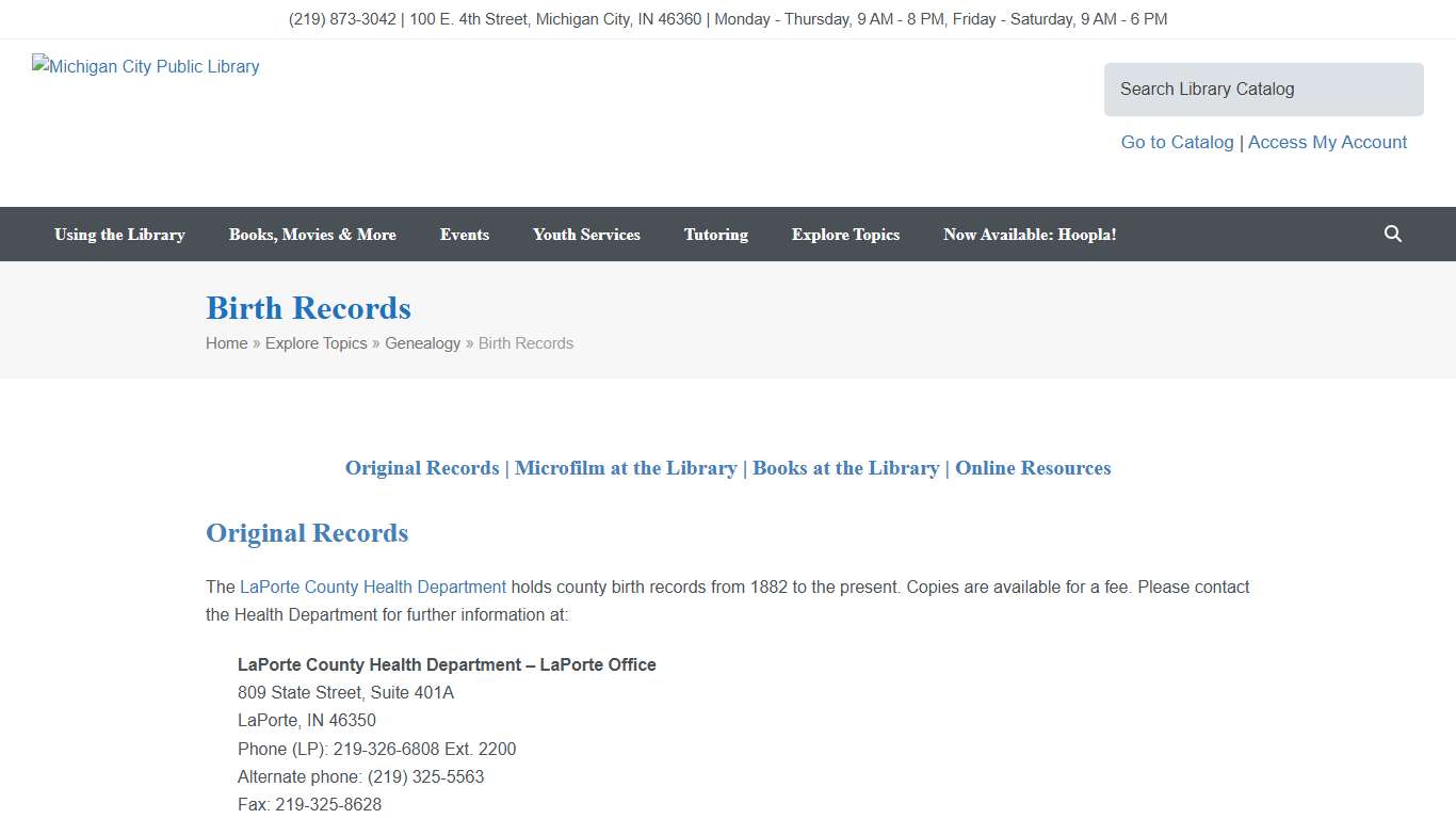 Birth Records - Michigan City Public Library