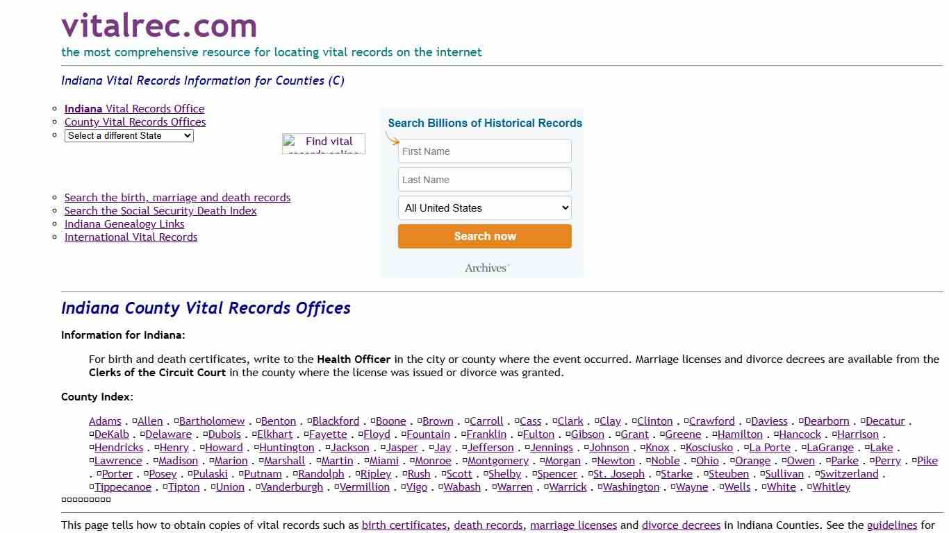 Indiana Counties Birth Certificate, Death Record, Marriage License and More (C)
